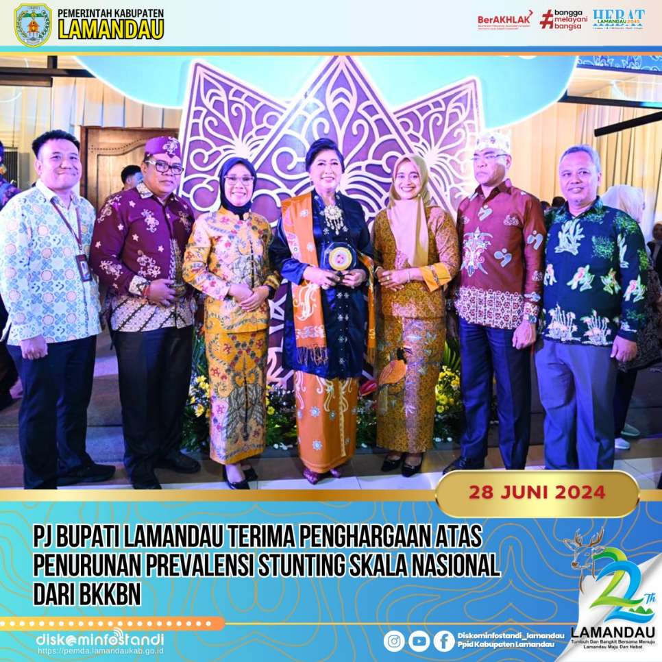 Penjabat (Pj) Bupati Lamandau, Lilis Suriani menerima penghargaan program percepatan penurunan stunting dengan kategori penurunan prevalensi stunting tertinggi skala nasional tahun 2023 dari Badan Kependudukan dan Keluarga Berencana Nasional (BKKBN).