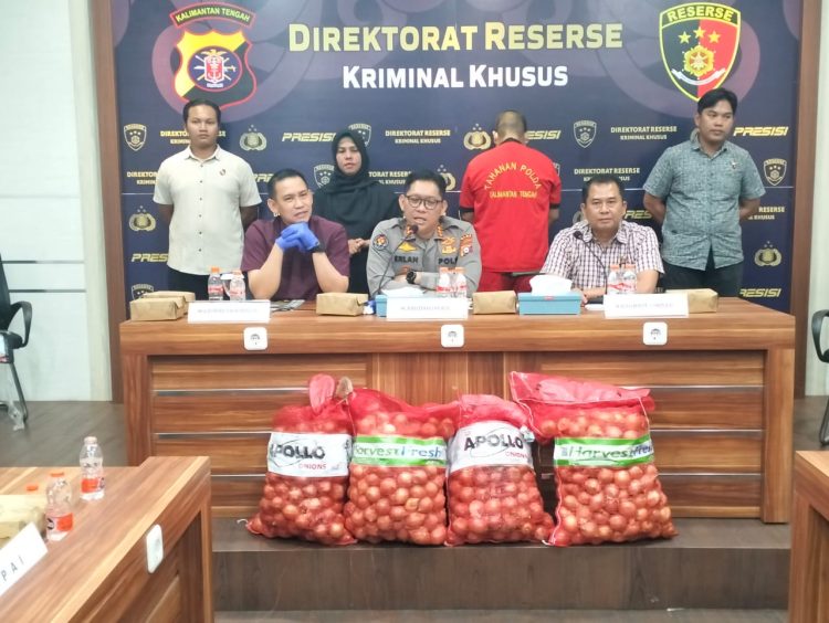 PRESS RILIS : Kabid Humas Polda Kalteng, Kombes Erlan Munaji, S.IK., M.Si (tengah) saat merilis kasus tindak pidana pengangkutan bawang bombay Ilegal yang menjerat Riko, beberapa waktu lalu. (foto:ist)